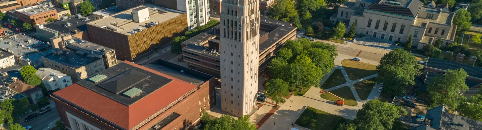 An overhead view of Ingalls Mall with Hill Auditorium and Burton Tower