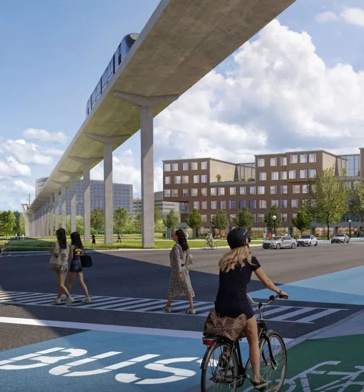 A rendering of people walking and biking underneath a monorail track