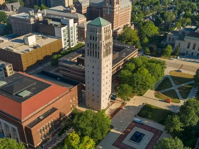 An overhead view of Ingalls Mall with Hill Auditorium and Burton Tower