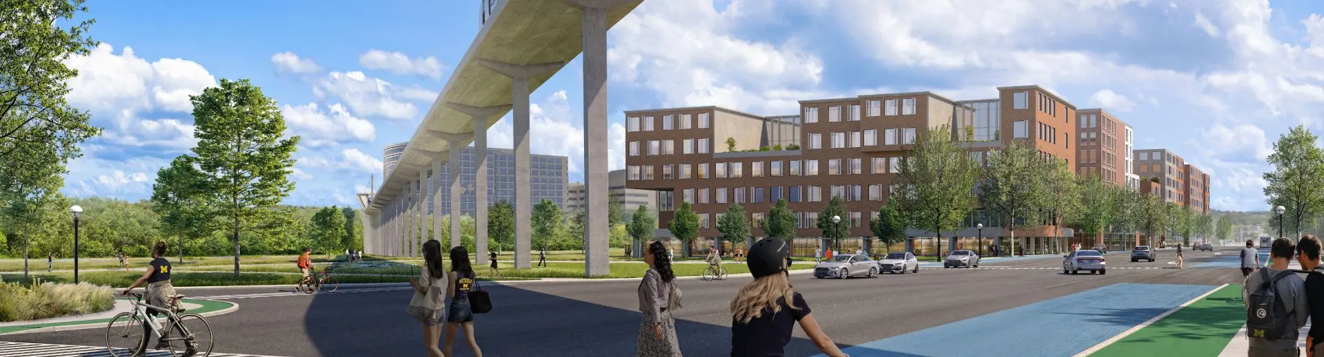 A rendering of people walking and biking underneath a monorail track on campus