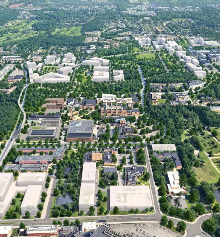 An aerial view of campus