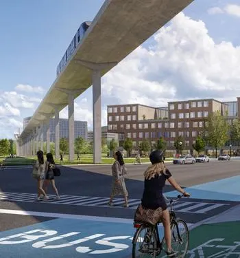 A rendering of people walking and biking underneath a monorail track