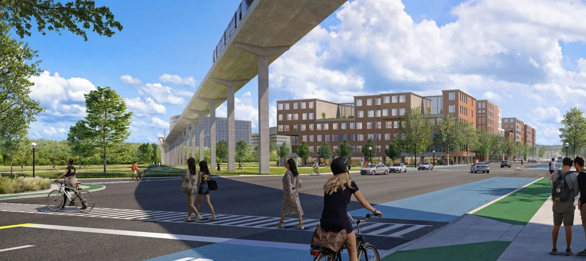 A rendering of people walking and biking underneath a monorail track on campus